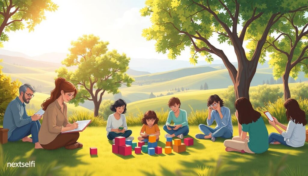 A serene scene depicting inner child exercises — adults journaling, drawing and playing in a tranquil, sunlit environment.