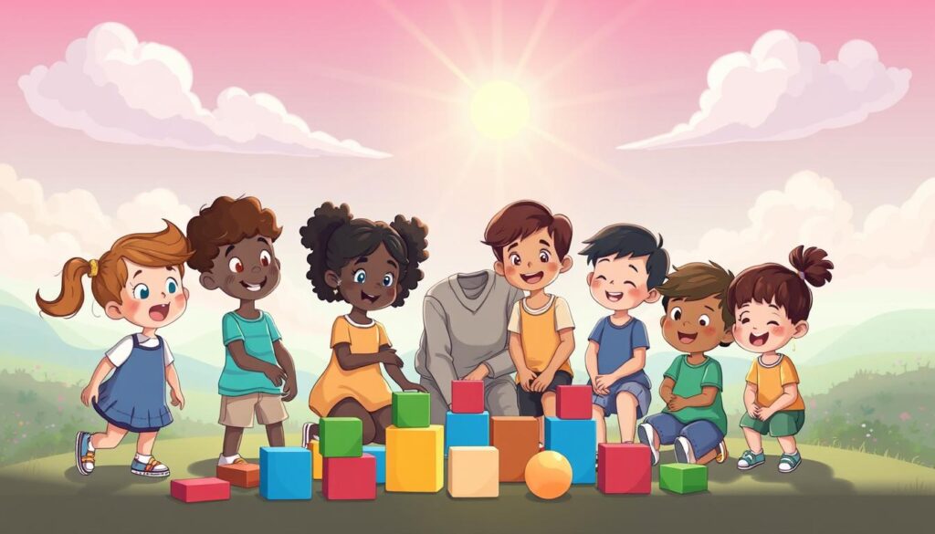 A whimsical and serene interpretation of the concept of the inner child, with diverse children playing and a nurturing adult figure.